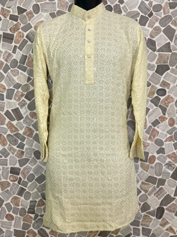 Yellow Plus Pattern Chikan Kurta