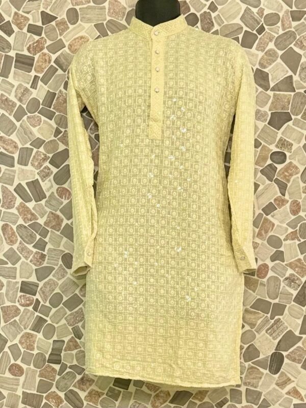 Yellow Square Pattern Chikan Kurta